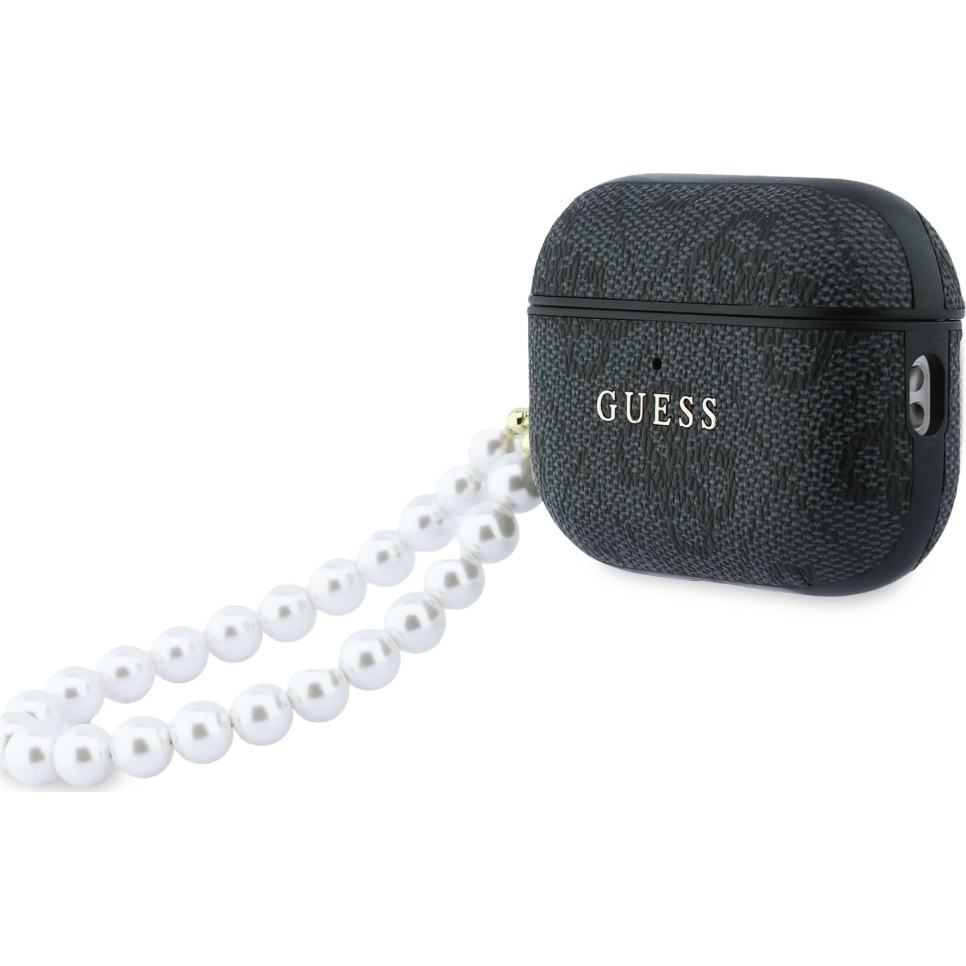 Oryginalne ekskluzywne etui od marki Guess z kolekcji 4G Pearl Strap z perłową zawieszką dla Apple AirPods Pro 3, czarne